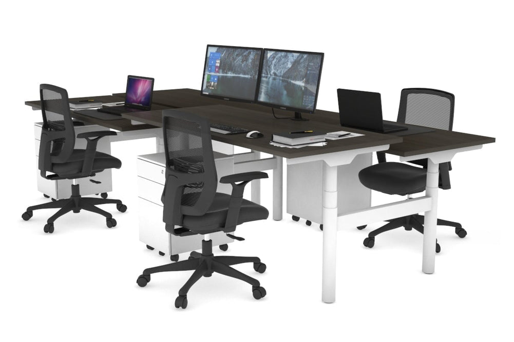 Flexi Premium Height Adjustable 4 Person H-Bench Workstation - White Frame [1400L x 700W]-dark oak none none