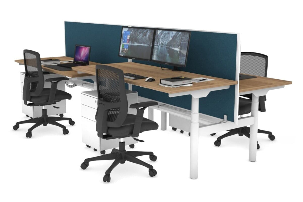 Flexi Premium Height Adjustable 4 Person H-Bench Workstation - White Frame [1400L x 700W]-salvage oak deep blue (820H x 1400W) white cable tray