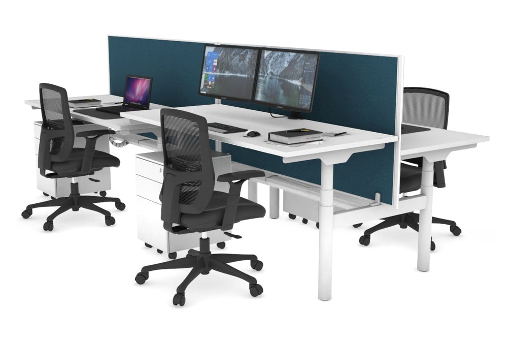 Flexi Premium Height Adjustable 4 Person H-Bench Workstation - White Frame [1400L x 700W]-white deep blue (820H x 1400W) white cable tray