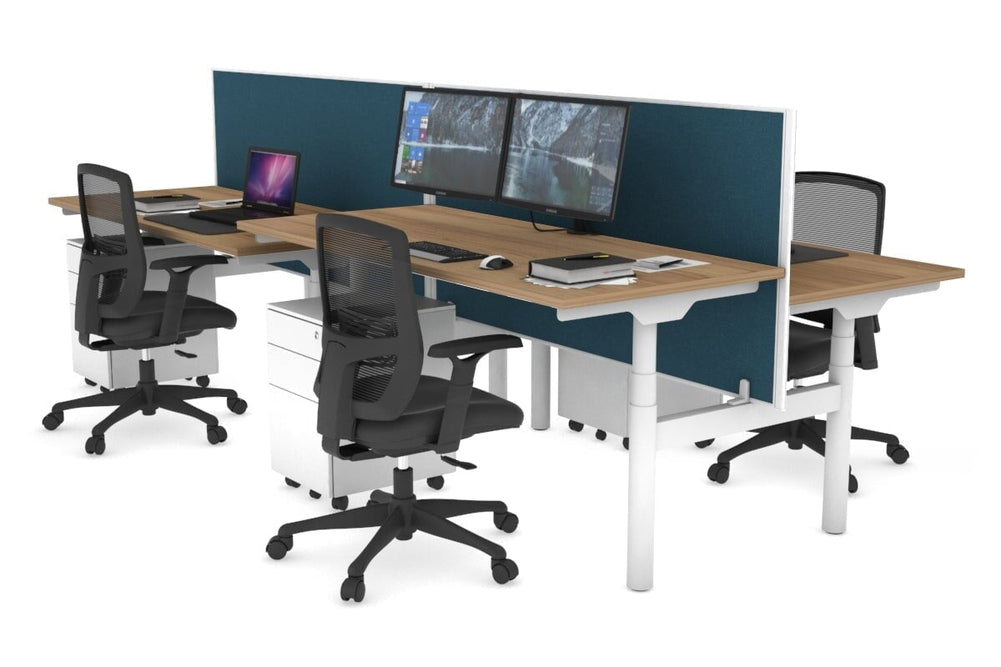 Flexi Premium Height Adjustable 4 Person H-Bench Workstation - White Frame [1400L x 700W]-salvage oak deep blue (820H x 1400W) none