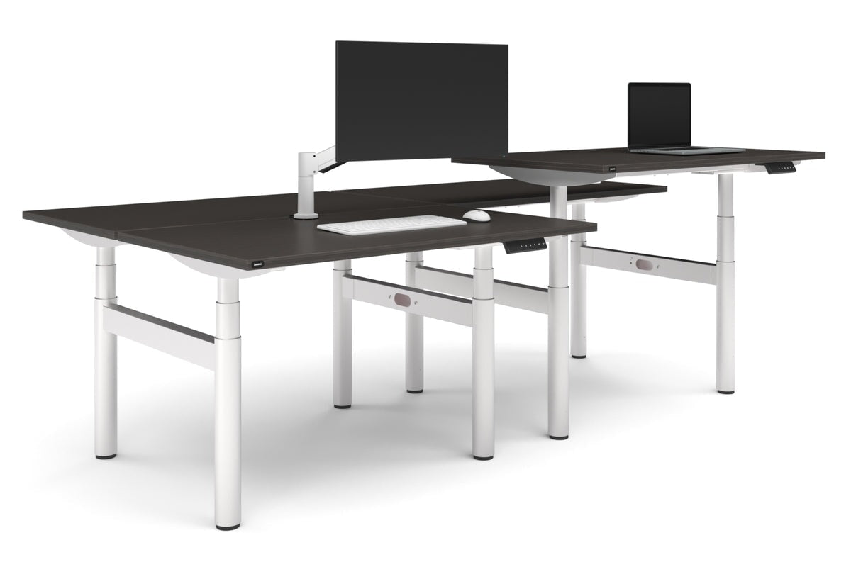 Flexi Premium Height Adjustable 4 Person H-Bench Workstation - White Frame [1400L x 700W]-dark oak none none