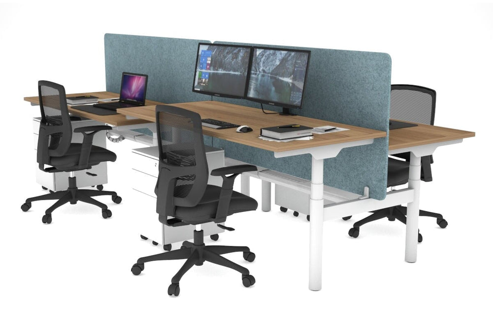 Flexi Premium Height Adjustable 4 Person H-Bench Workstation - White Frame [1400L x 700W]-salvage oak blue acoustic panel (820H x 1400W) white cable tray