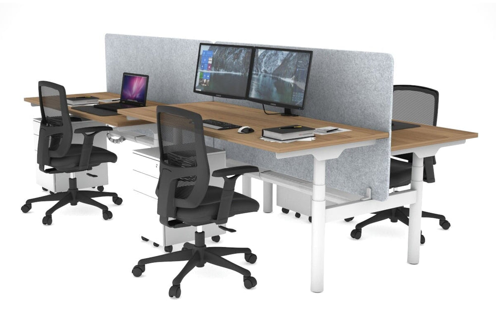 Flexi Premium Height Adjustable 4 Person H-Bench Workstation - White Frame [1400L x 700W]-salvage oak light grey acoustic panel (820H x 1400W) white cable tray