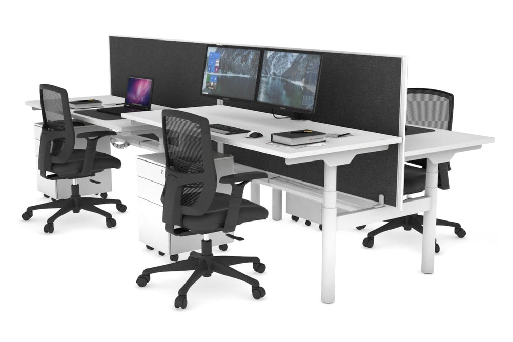 Flexi Premium Height Adjustable 4 Person H-Bench Workstation - White Frame [1400L x 700W]-white moody charchoal (820H x 1400W) white cable tray
