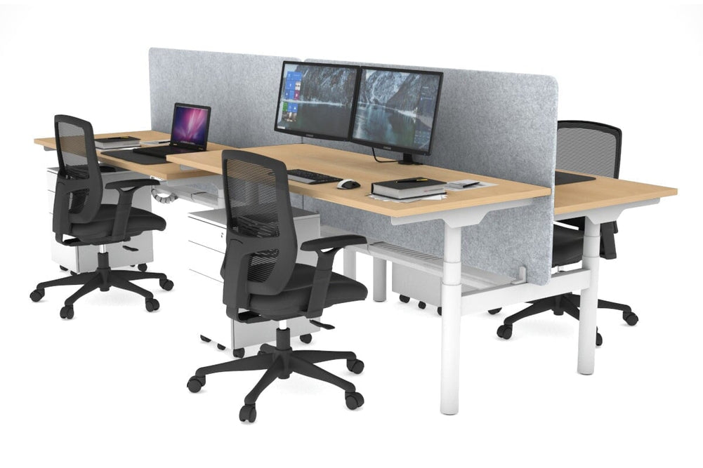Flexi Premium Height Adjustable 4 Person H-Bench Workstation - White Frame [1400L x 700W]-maple light grey acoustic panel (820H x 1400W) white cable tray