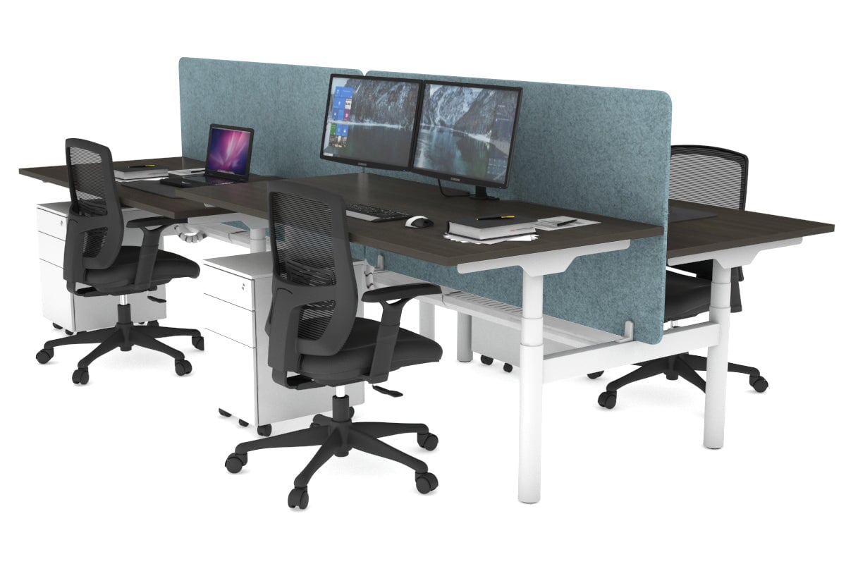Flexi Premium Height Adjustable 4 Person H-Bench Workstation - White Frame [1400L x 800W with Cable Scallop] Jasonl dark oak blue echo panel (820H x 1400W) white cable tray