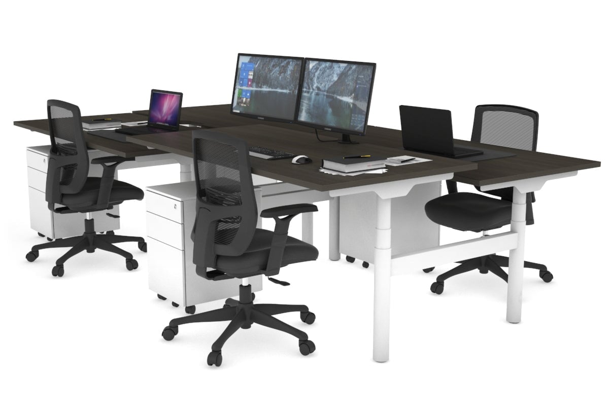 Flexi Premium Height Adjustable 4 Person H-Bench Workstation - White Frame [1400L x 800W with Cable Scallop] Jasonl dark oak none none