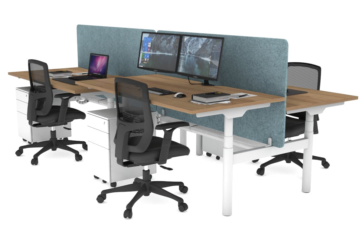 Flexi Premium Height Adjustable 4 Person H-Bench Workstation - White Frame [1400L x 800W with Cable Scallop] Jasonl salvage oak blue echo panel (820H x 1400W) white cable tray