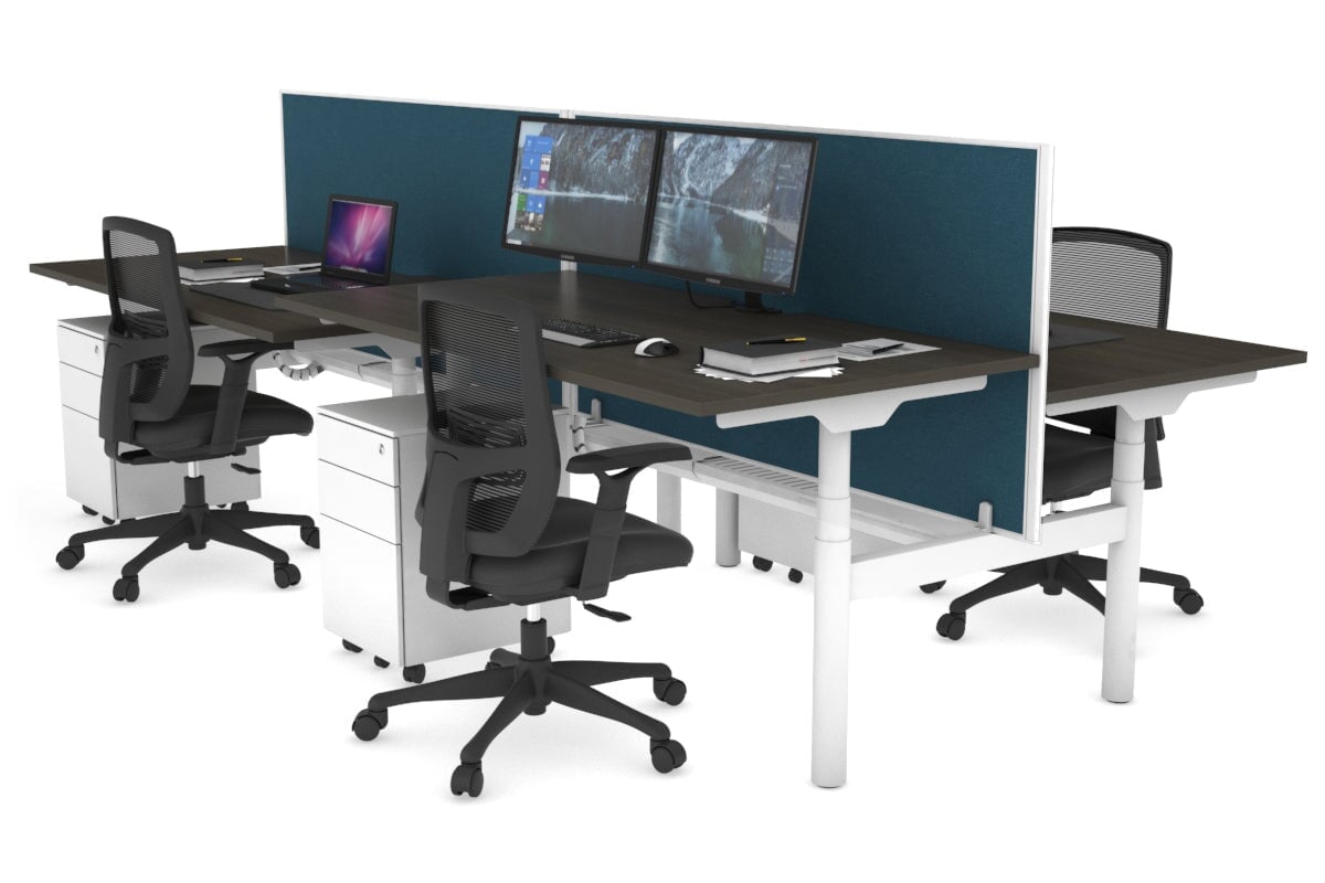 Flexi Premium Height Adjustable 4 Person H-Bench Workstation - White Frame [1400L x 800W with Cable Scallop] Jasonl dark oak deep blue (820H x 1400W) white cable tray