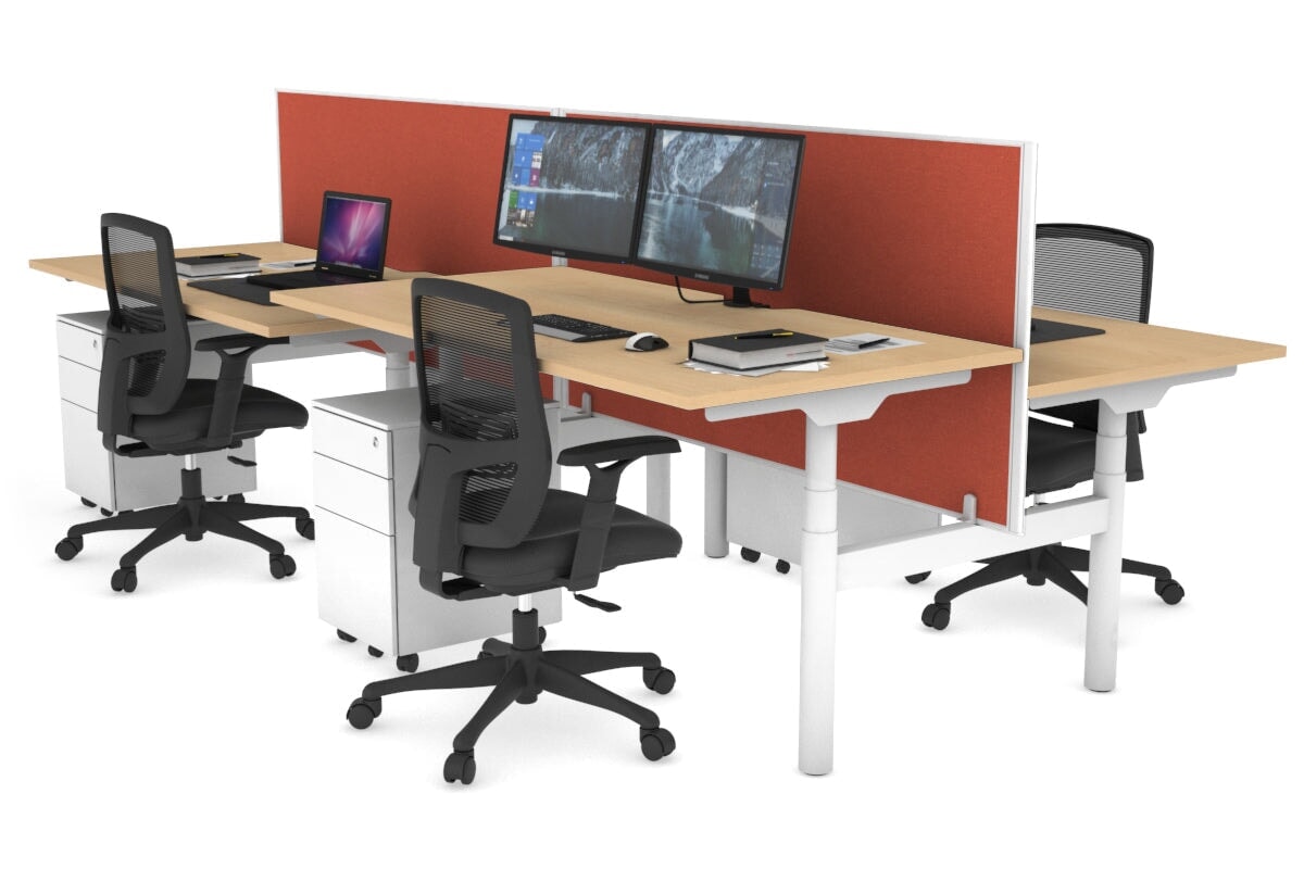 Flexi Premium Height Adjustable 4 Person H-Bench Workstation - White Frame [1400L x 800W with Cable Scallop] Jasonl maple orange squash (820H x 1400W) none
