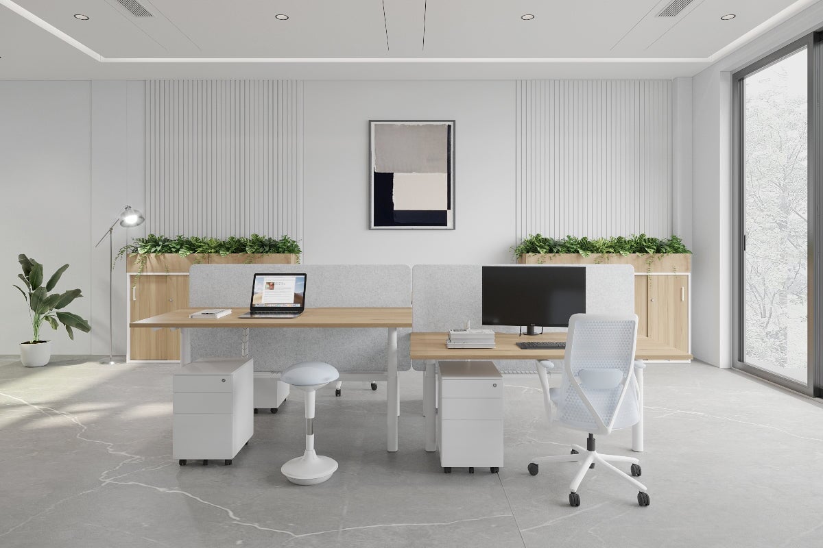 Flexi Premium Height Adjustable 4 Person H-Bench Workstation - White Frame [1400L x 800W with Cable Scallop] Jasonl 