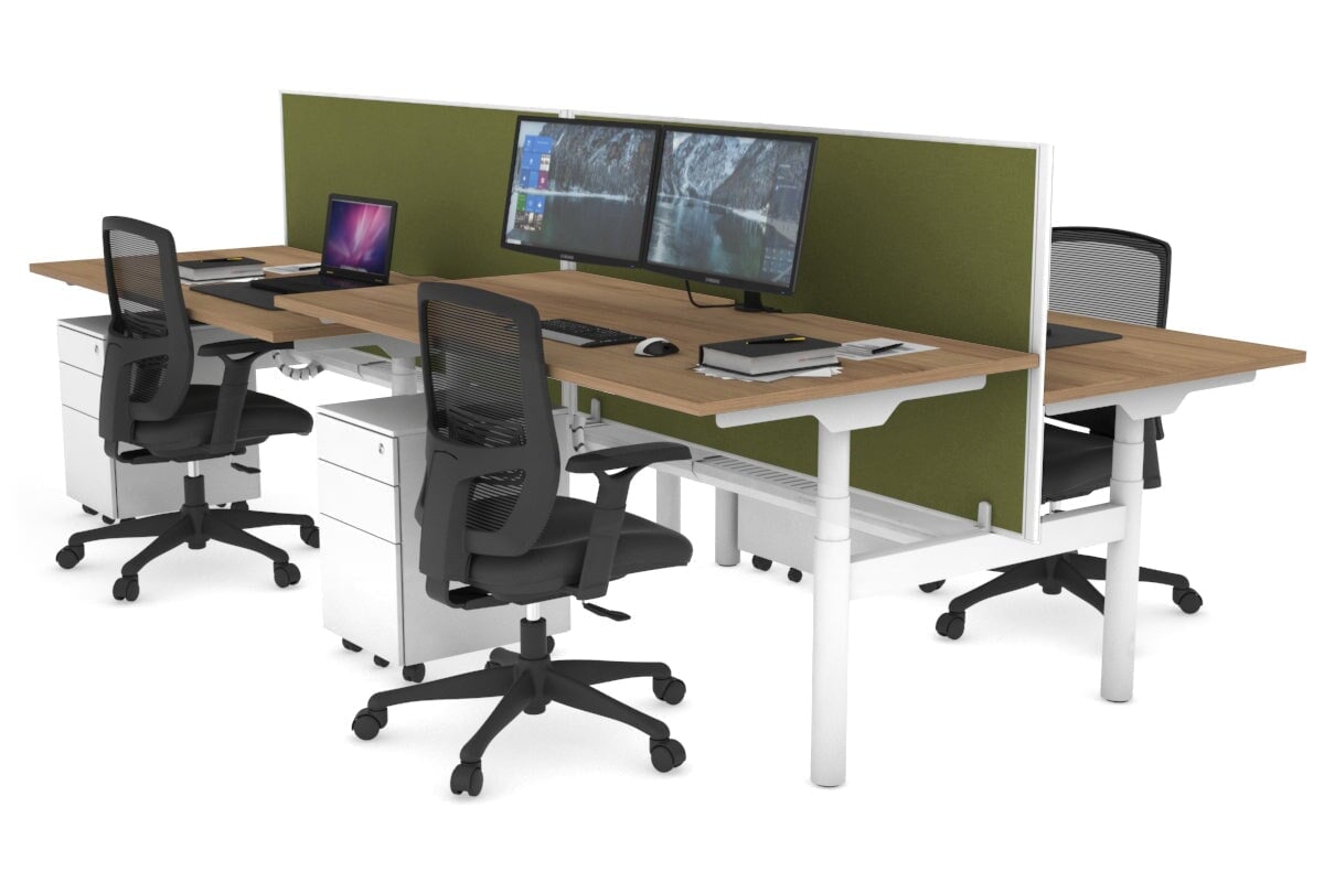 Flexi Premium Height Adjustable 4 Person H-Bench Workstation - White Frame [1400L x 800W with Cable Scallop] Jasonl salvage oak green moss (820H x 1400W) white cable tray