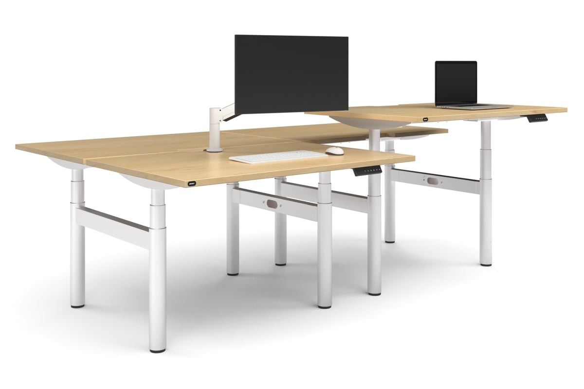 Flexi Premium Height Adjustable 4 Person H-Bench Workstation - White Frame [1400L x 800W with Cable Scallop]-maple none none