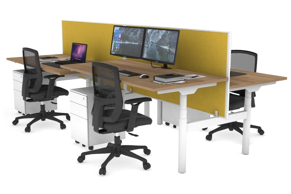 Flexi Premium Height Adjustable 4 Person H-Bench Workstation - White Frame [1400L x 800W with Cable Scallop] Jasonl salvage oak mustard yellow (820H x 1400W) none