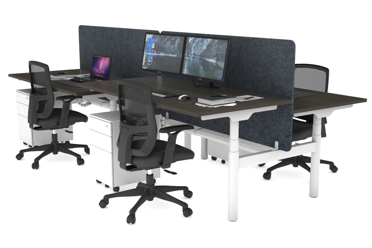 Flexi Premium Height Adjustable 4 Person H-Bench Workstation - White Frame [1400L x 800W with Cable Scallop] Jasonl dark oak dark grey echo panel (820H x 1400W) white cable tray