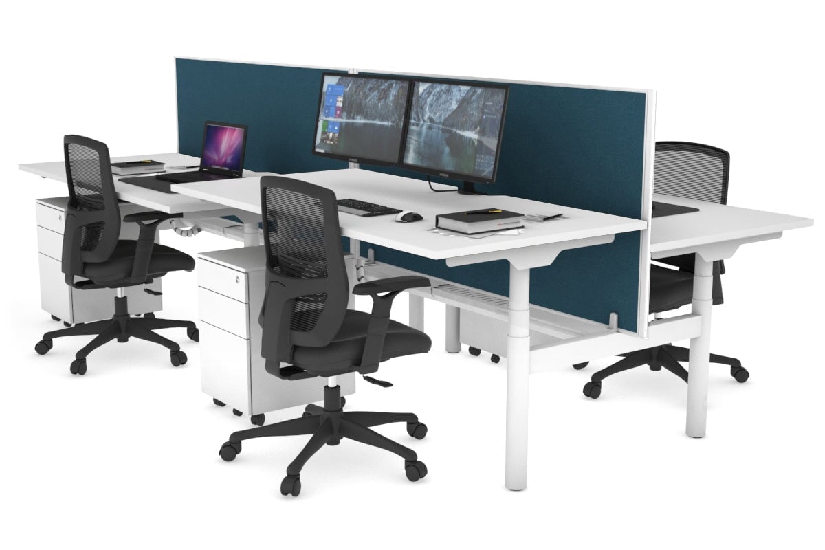 Flexi Premium Height Adjustable 4 Person H-Bench Workstation - White Frame [1400L x 800W with Cable Scallop] Jasonl white deep blue (820H x 1400W) white cable tray