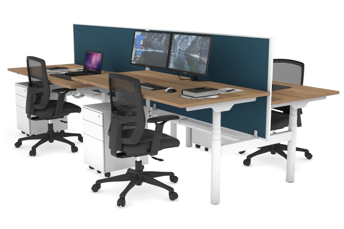 Flexi Premium Height Adjustable 4 Person H-Bench Workstation - White Frame [1400L x 800W with Cable Scallop] Jasonl salvage oak deep blue (820H x 1400W) white cable tray
