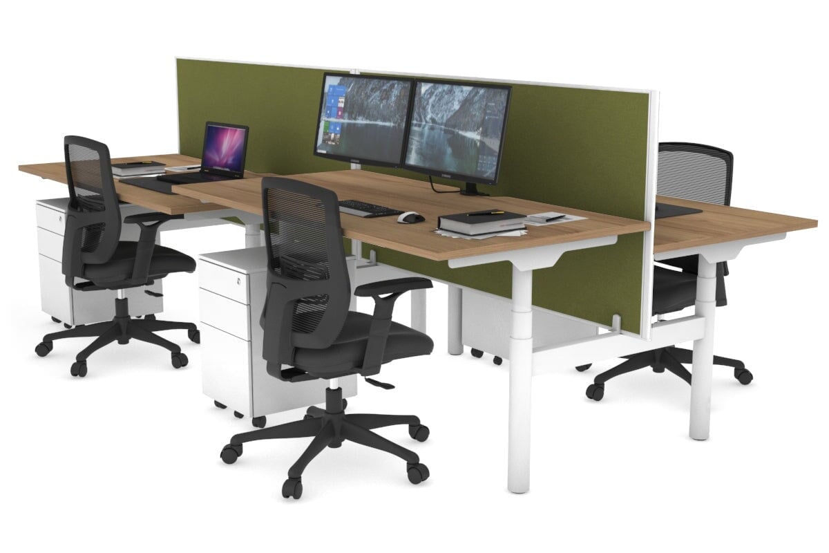 Flexi Premium Height Adjustable 4 Person H-Bench Workstation - White Frame [1400L x 800W with Cable Scallop] Jasonl salvage oak green moss (820H x 1400W) none