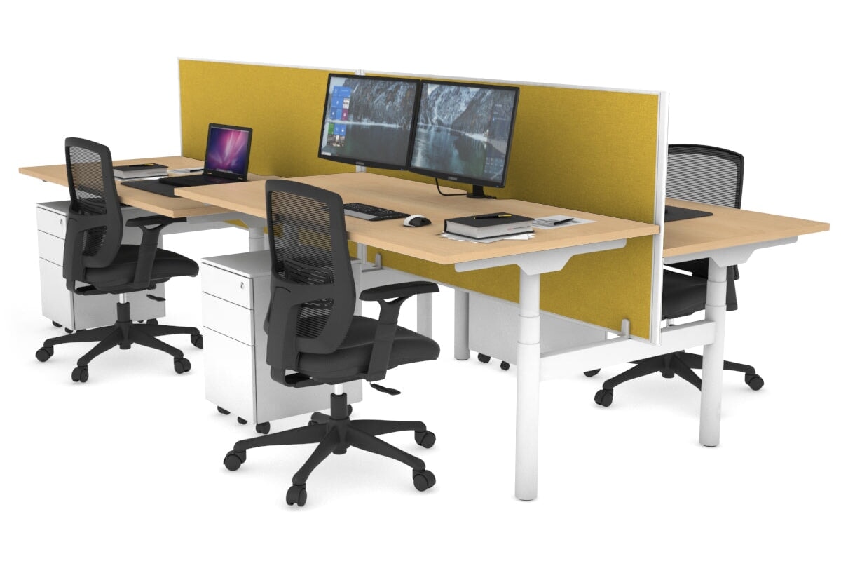 Flexi Premium Height Adjustable 4 Person H-Bench Workstation - White Frame [1400L x 800W with Cable Scallop] Jasonl maple mustard yellow (820H x 1400W) none
