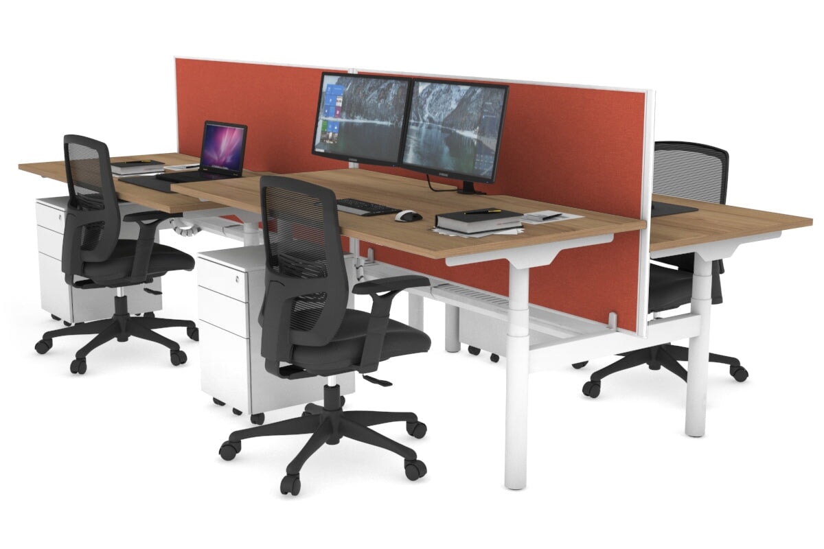 Flexi Premium Height Adjustable 4 Person H-Bench Workstation - White Frame [1400L x 800W with Cable Scallop] Jasonl salvage oak orange squash (820H x 1400W) white cable tray
