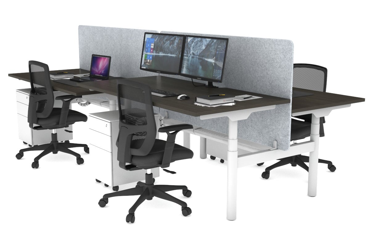 Flexi Premium Height Adjustable 4 Person H-Bench Workstation - White Frame [1400L x 800W with Cable Scallop] Jasonl dark oak light grey echo panel (820H x 1400W) white cable tray