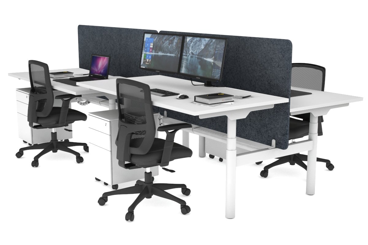 Flexi Premium Height Adjustable 4 Person H-Bench Workstation - White Frame [1400L x 800W with Cable Scallop] Jasonl white dark grey echo panel (820H x 1400W) white cable tray