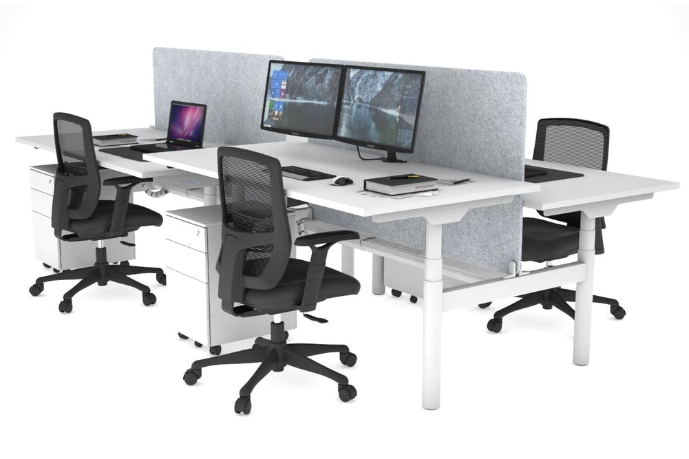 Flexi Premium Height Adjustable 4 Person H-Bench Workstation - White Frame [1800L x 800W with Cable Scallop]-white light grey acoustic panel (820H x 1600W) white cable tray