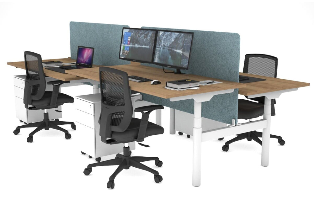 Flexi Premium Height Adjustable 4 Person H-Bench Workstation - White Frame [1800L x 800W with Cable Scallop]-salvage oak blue acoustic panel (820H x 1600W) none