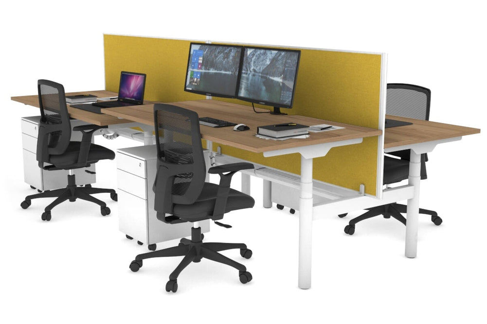 Flexi Premium Height Adjustable 4 Person H-Bench Workstation - White Frame [1800L x 800W with Cable Scallop]-salvage oak mustard yellow (820H x 1800W) white cable tray