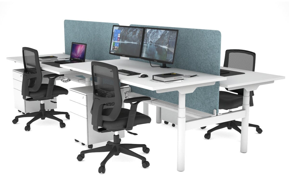 Flexi Premium Height Adjustable 4 Person H-Bench Workstation - White Frame [1800L x 800W with Cable Scallop]-white blue acoustic panel (820H x 1600W) white cable tray