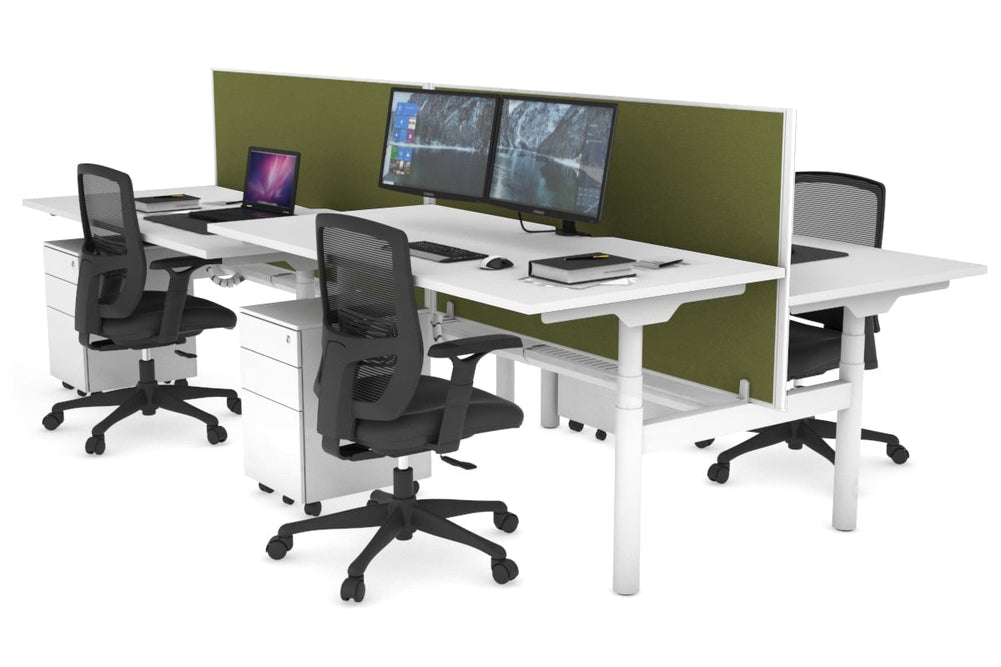 Flexi Premium Height Adjustable 4 Person H-Bench Workstation - White Frame [1800L x 800W with Cable Scallop]-white green moss (820H x 1800W) white cable tray