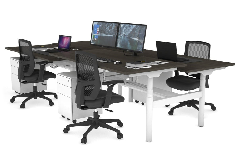 Flexi Premium Height Adjustable 4 Person H-Bench Workstation - White Frame [1800L x 800W with Cable Scallop]-dark oak none white cable tray