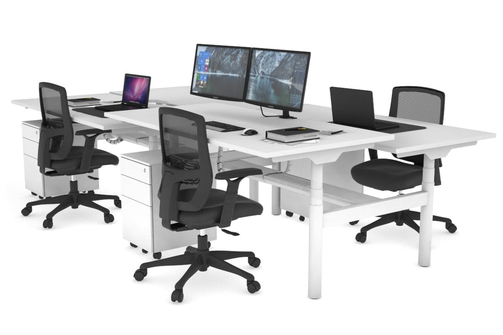 Flexi Premium Height Adjustable 4 Person H-Bench Workstation - White Frame [1800L x 800W with Cable Scallop]-white none white cable tray