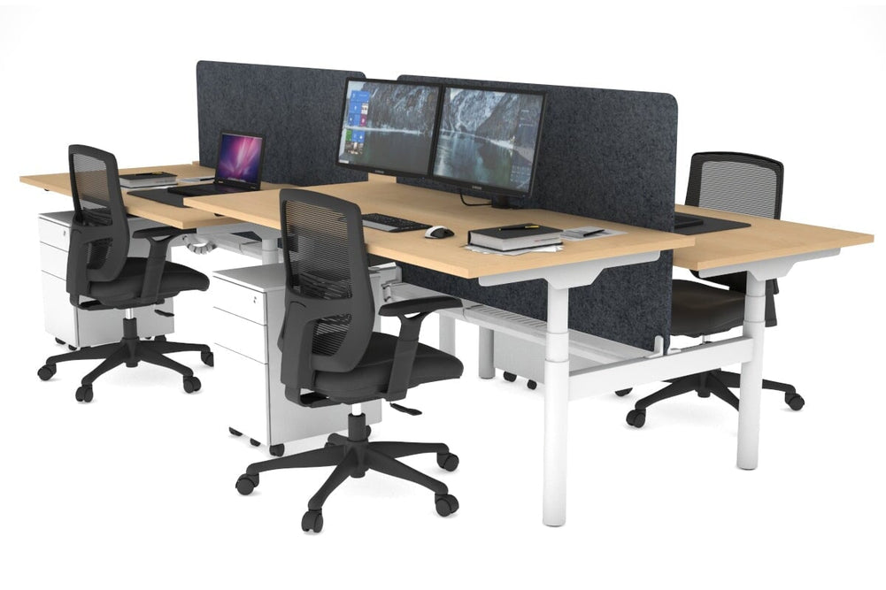 Flexi Premium Height Adjustable 4 Person H-Bench Workstation - White Frame [1800L x 800W with Cable Scallop]-maple dark grey acoustic panel (820H x 1600W) white cable tray