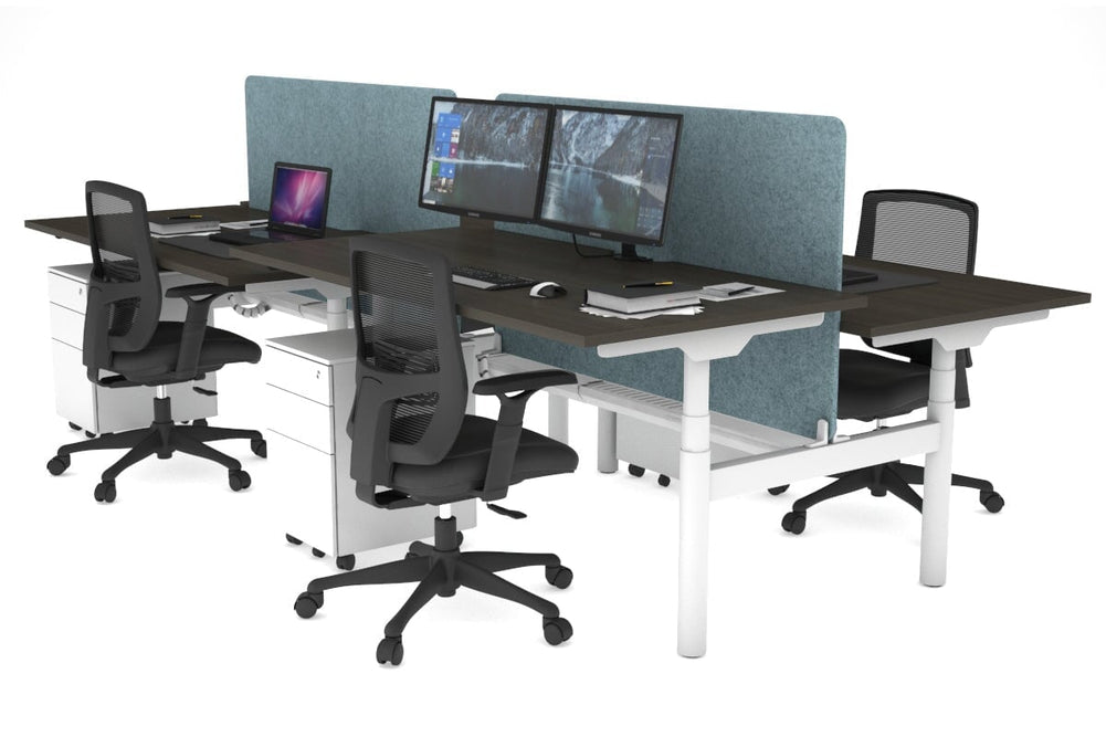 Flexi Premium Height Adjustable 4 Person H-Bench Workstation - White Frame [1800L x 800W with Cable Scallop]-dark oak blue acoustic panel (820H x 1600W) white cable tray