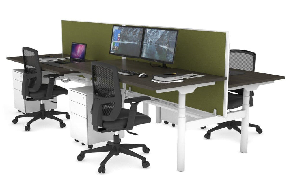 Flexi Premium Height Adjustable 4 Person H-Bench Workstation - White Frame [1800L x 800W with Cable Scallop]-dark oak green moss (820H x 1800W) white cable tray