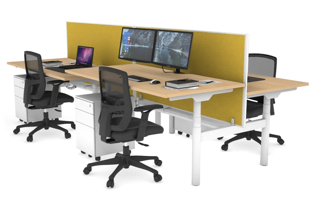 Flexi Premium Height Adjustable 4 Person H-Bench Workstation - White Frame [1800L x 800W with Cable Scallop]-maple mustard yellow (820H x 1800W) white cable tray