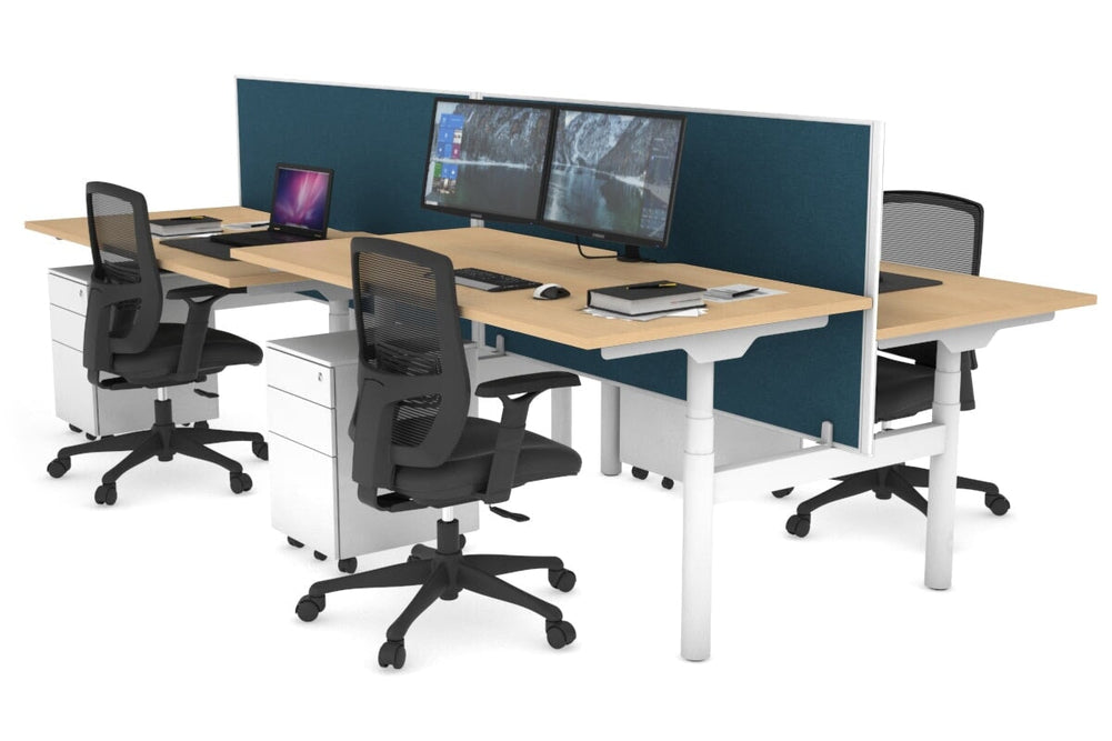 Flexi Premium Height Adjustable 4 Person H-Bench Workstation - White Frame [1800L x 800W with Cable Scallop]-maple deep blue (820H x 1800W) none