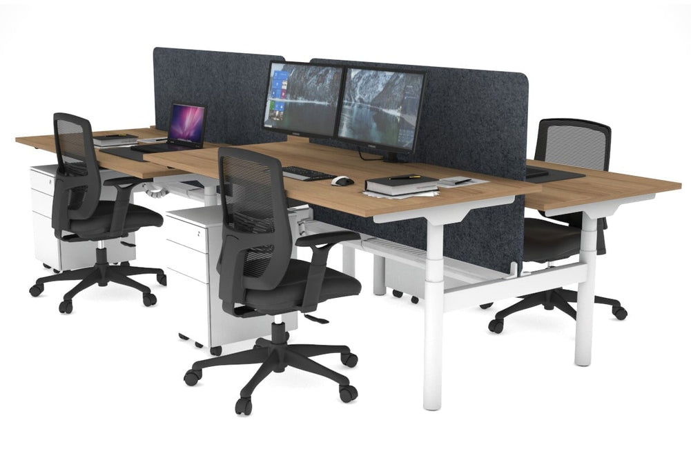 Flexi Premium Height Adjustable 4 Person H-Bench Workstation - White Frame [1800L x 800W with Cable Scallop]-salvage oak dark grey acoustic panel (820H x 1600W) white cable tray