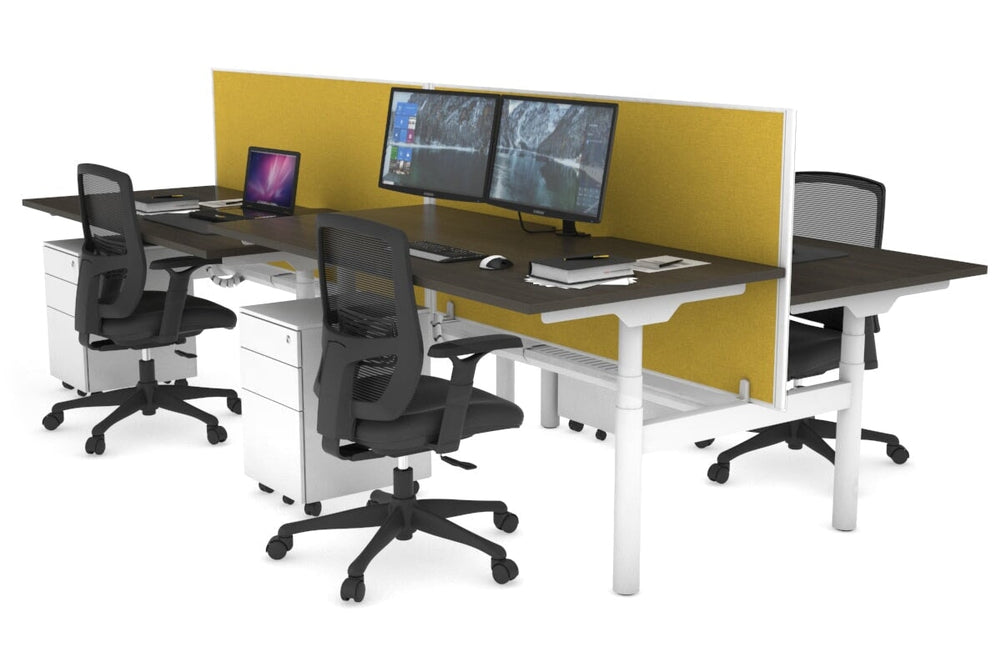 Flexi Premium Height Adjustable 4 Person H-Bench Workstation - White Frame [1800L x 800W with Cable Scallop]-dark oak mustard yellow (820H x 1800W) white cable tray