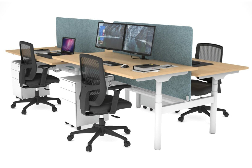 Flexi Premium Height Adjustable 4 Person H-Bench Workstation - White Frame [1800L x 800W with Cable Scallop]-maple blue acoustic panel (820H x 1600W) white cable tray