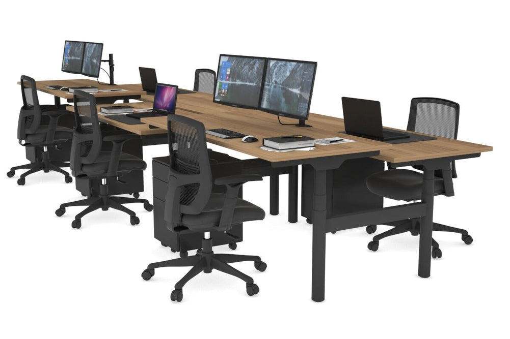 Flexi Premium Height Adjustable 6 Person H-Bench Workstation - Black Frame [1200L x 700W]-salvage oak none none