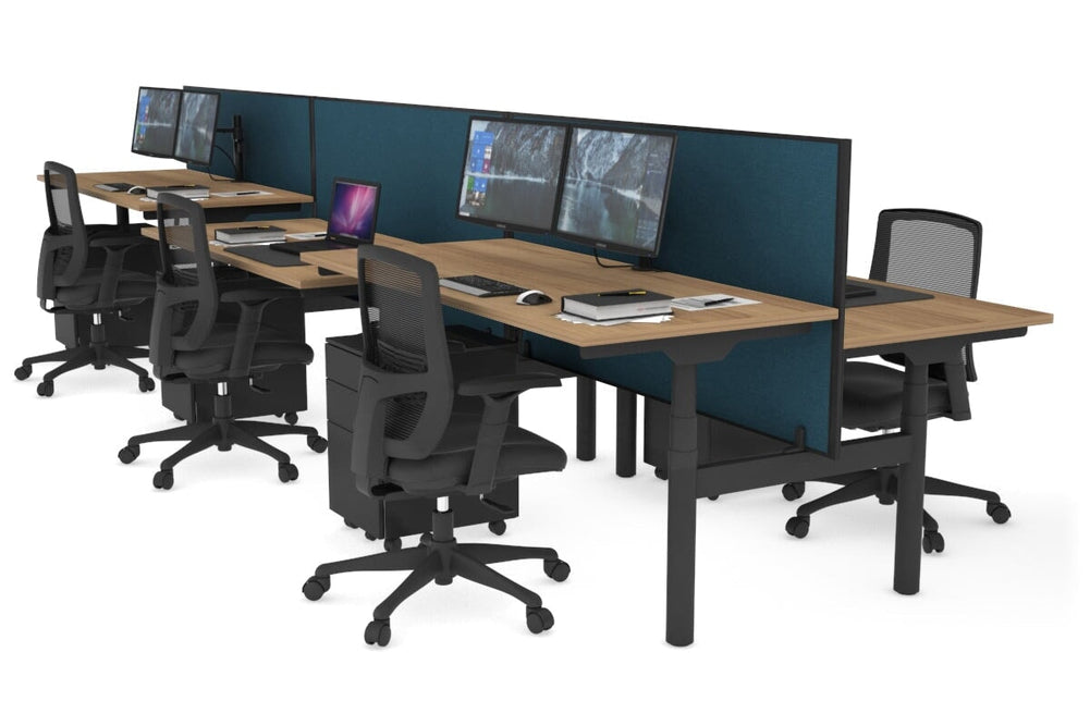 Flexi Premium Height Adjustable 6 Person H-Bench Workstation - Black Frame [1200L x 700W]-salvage oak deep blue (820H x 1200W) none
