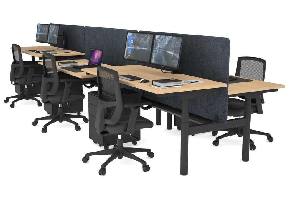 Flexi Premium Height Adjustable 6 Person H-Bench Workstation - Black Frame [1200L x 700W]-maple dark grey acoustic panel (820H x 1200W) black cable tray