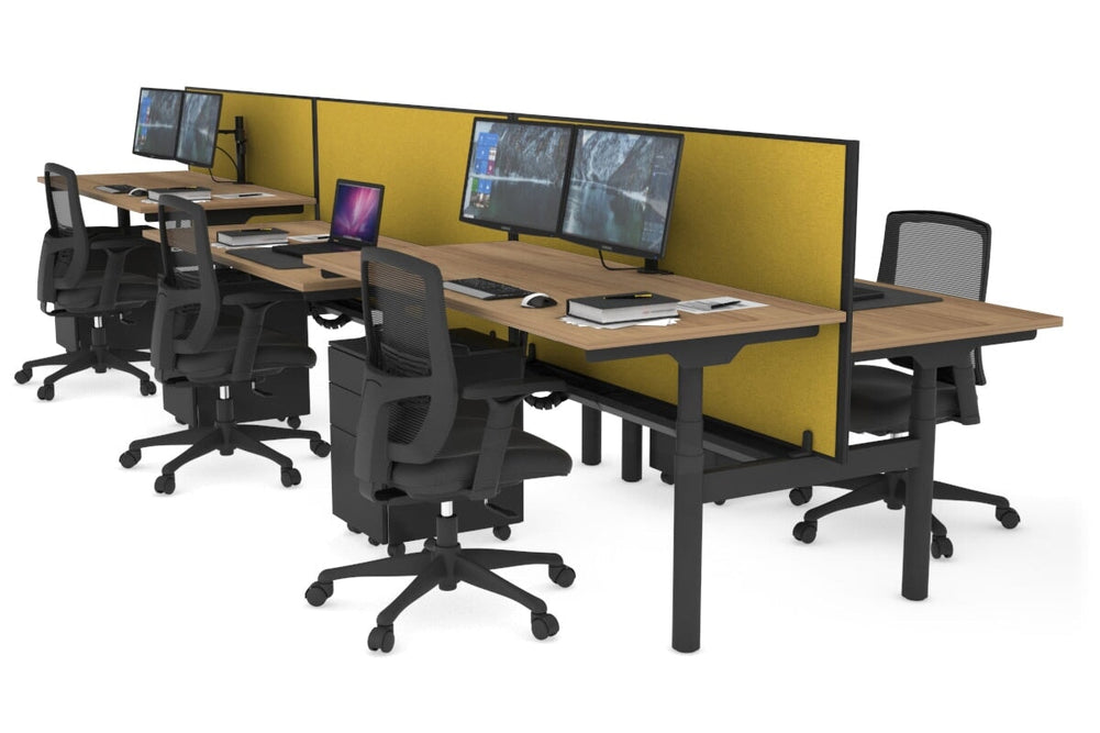 Flexi Premium Height Adjustable 6 Person H-Bench Workstation - Black Frame [1200L x 700W]-salvage oak mustard yellow (820H x 1200W) black cable tray