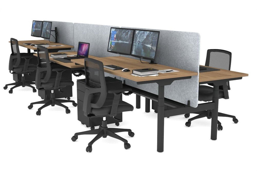 Flexi Premium Height Adjustable 6 Person H-Bench Workstation - Black Frame [1200L x 700W]-salvage oak light grey acoustic panel (820H x 1200W) black cable tray