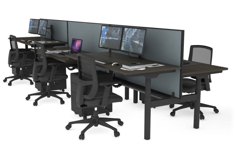 Flexi Premium Height Adjustable 6 Person H-Bench Workstation - Black Frame [1200L x 700W]-dark oak cool grey (820H x 1200W) black cable tray
