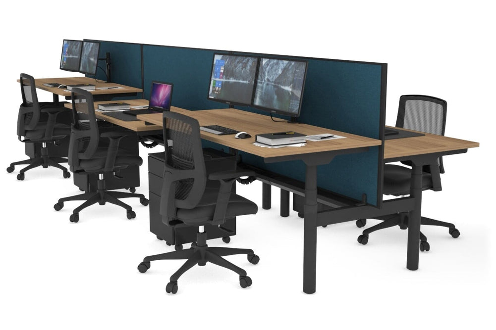 Flexi Premium Height Adjustable 6 Person H-Bench Workstation - Black Frame [1200L x 700W]-salvage oak deep blue (820H x 1200W) black cable tray