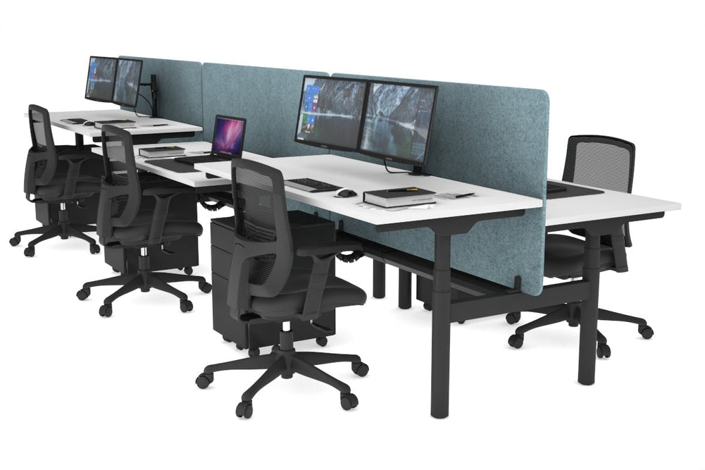 Flexi Premium Height Adjustable 6 Person H-Bench Workstation - Black Frame [1200L x 700W]-white blue acoustic panel (820H x 1200W) black cable tray