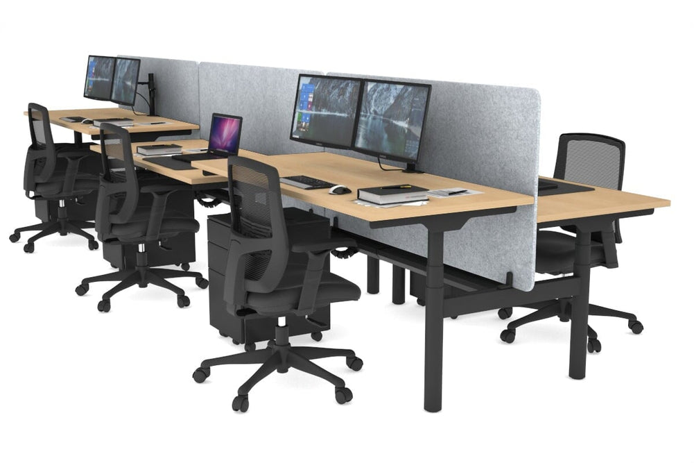 Flexi Premium Height Adjustable 6 Person H-Bench Workstation - Black Frame [1200L x 700W]-maple light grey acoustic panel (820H x 1200W) black cable tray